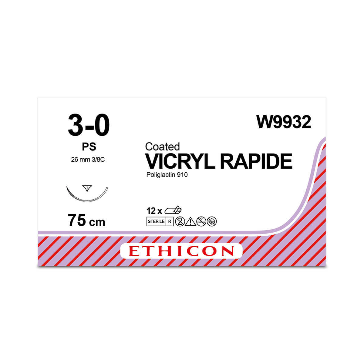 W9932 Coated VICRYL* Rapide Suture 26mm 75cm undyed 3-0 2 3/8 circle Conventional Cutting PRIME Needle x12 D/T