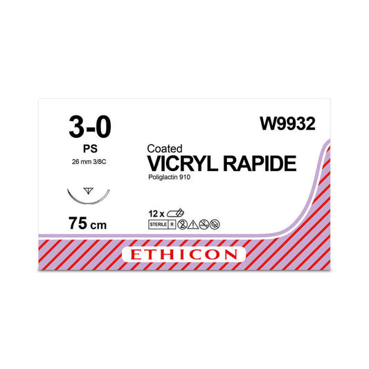 W9932 Coated VICRYL* Rapide Suture 26mm 75cm undyed 3-0 2 3/8 circle Conventional Cutting PRIME Needle x12 D/T